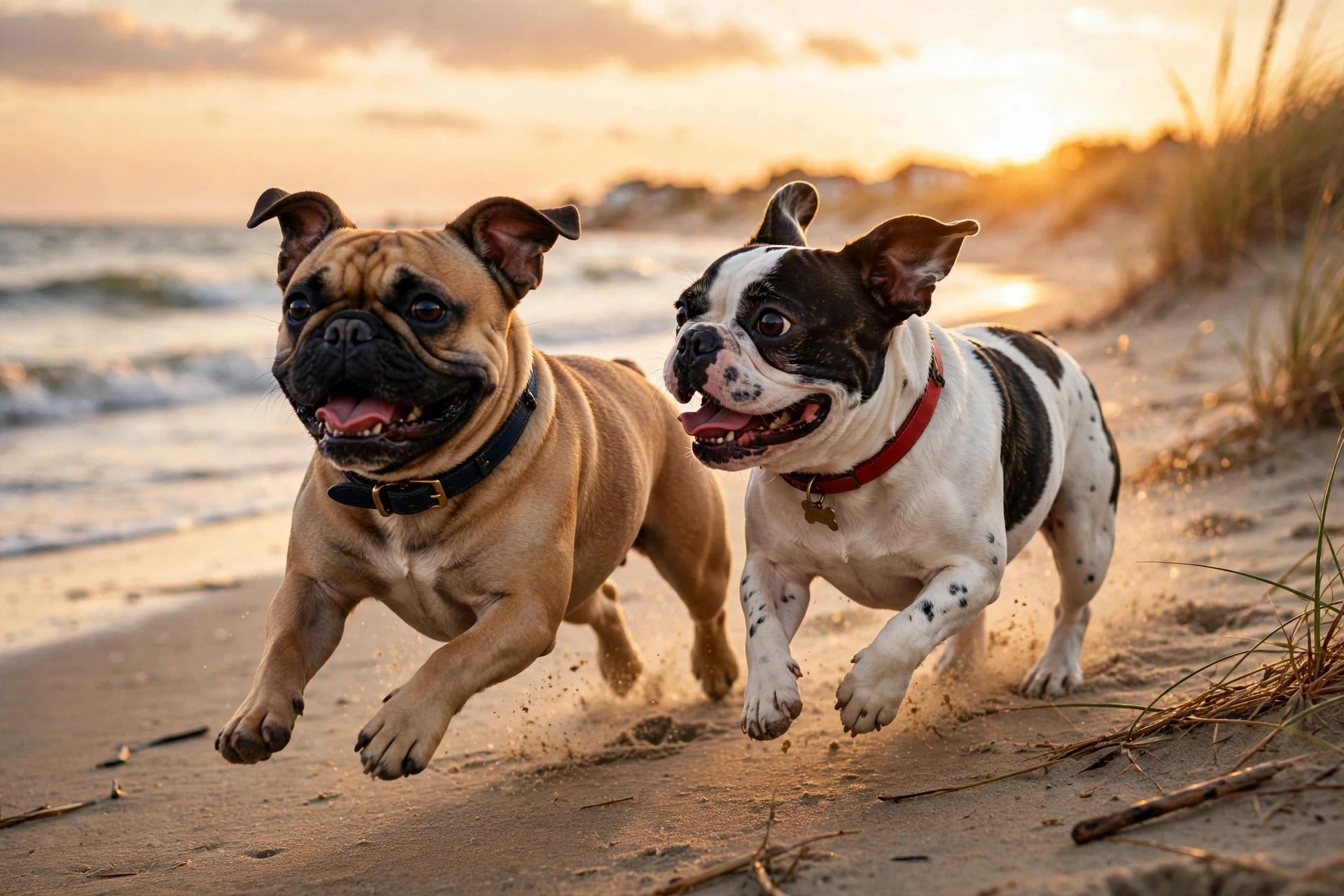 Two French Bulldogs running on the beach at sunset
