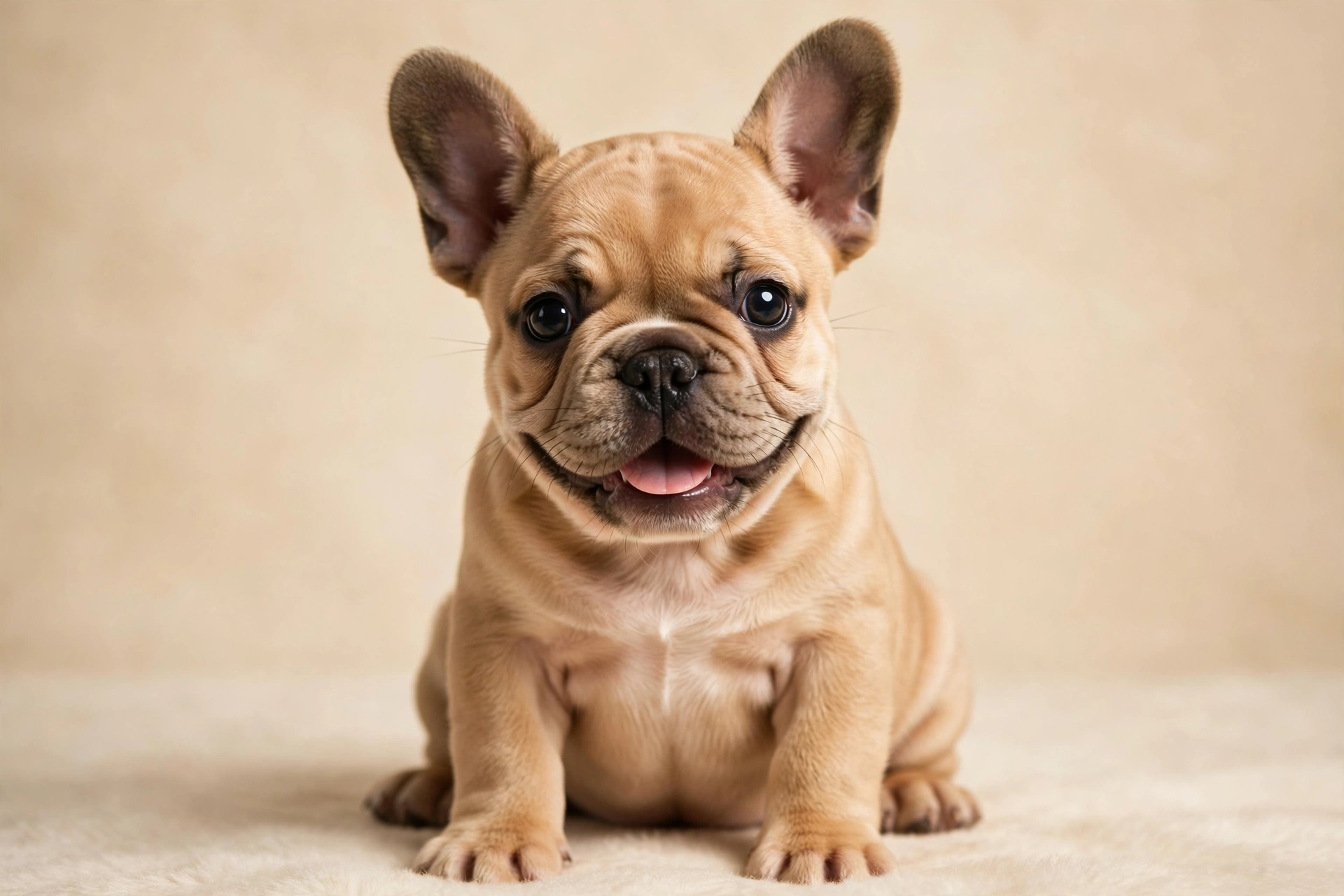 Smiling fawn French Bulldog puppy on a cream background